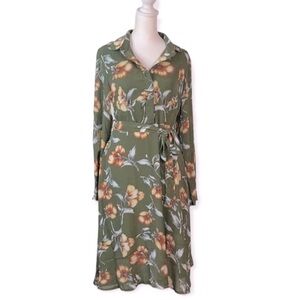 Olive Green Floral Print Long Sleeved Dress- NWT